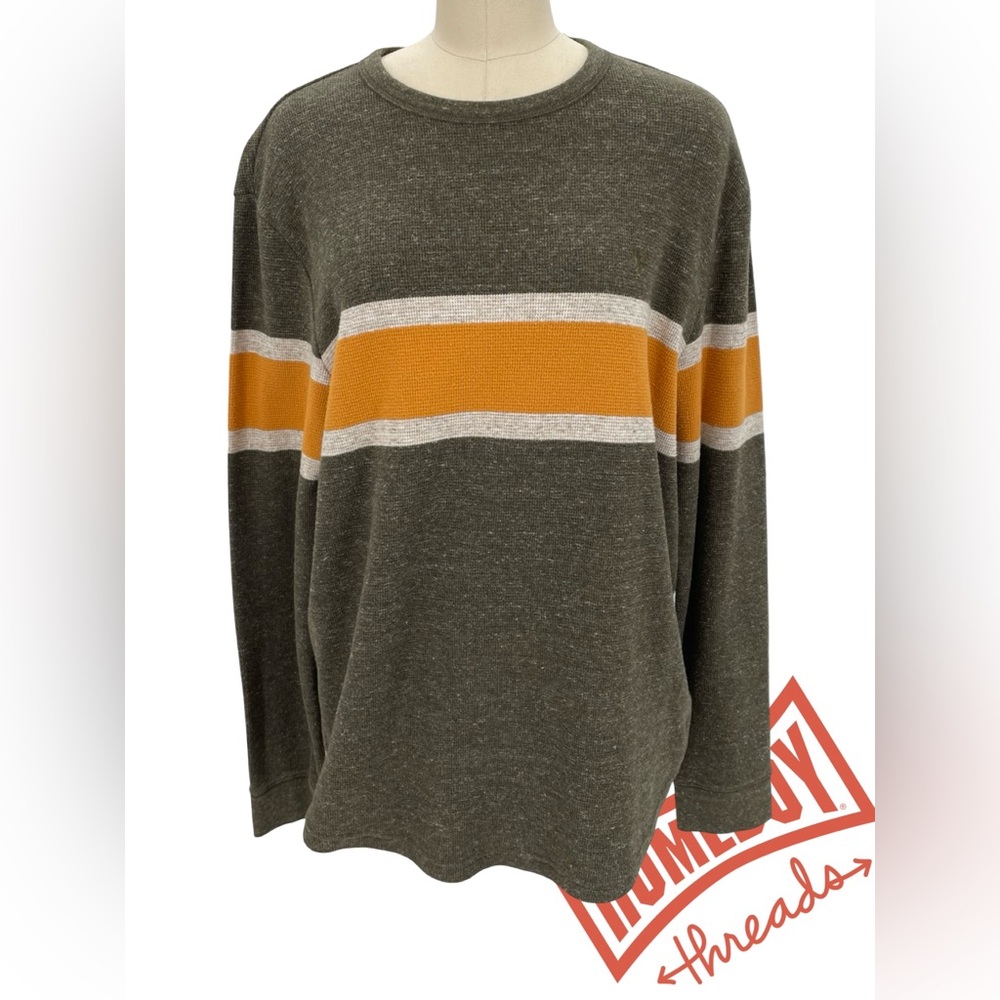 American Eagle Men’s Olive Green Sweater with Orange and Cream Stripes Size L